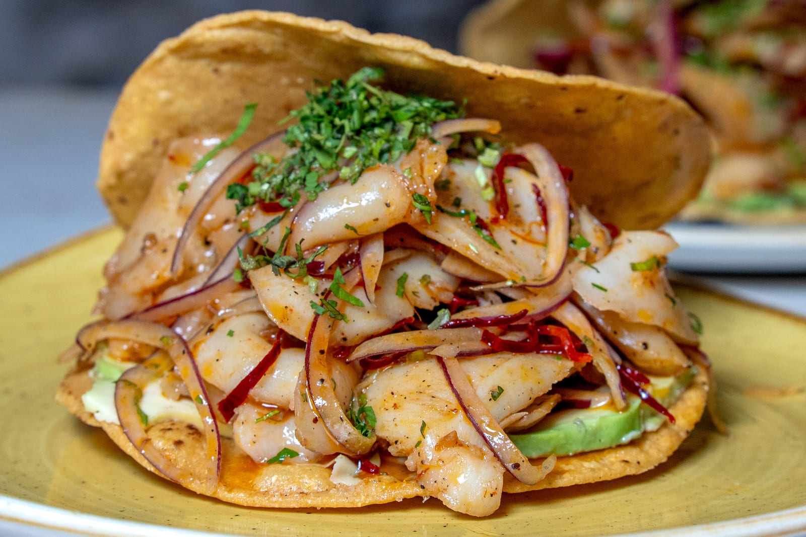 Tostada de mariscos en Cancún: ceviche de pescado estilo rojo con cebolla morada, chile seco, cilantro y aguacate en la barra de MERO 18