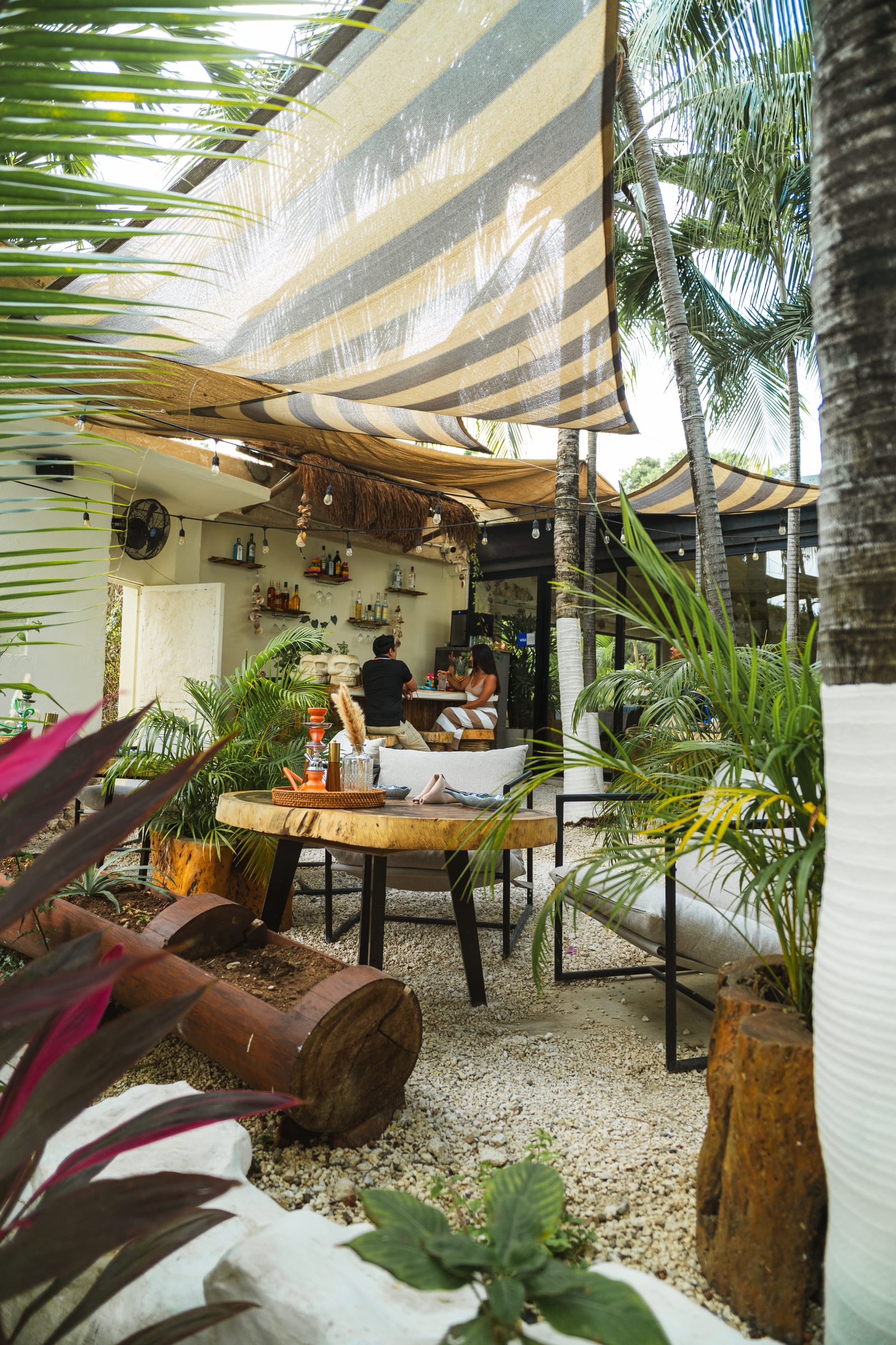 Lounge del patio selvático de MERO 18 con velarias, palmeras y mesas de madera para celebraciones