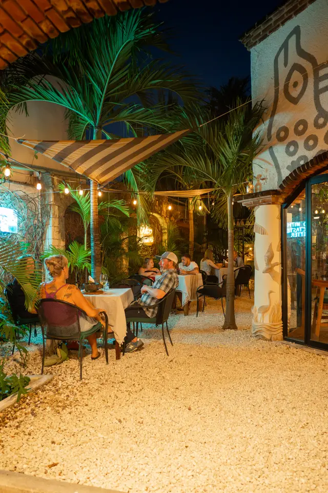 Patio selvático de MERO 18 de noche, con comensales bajo palmas, velarias y series de luces